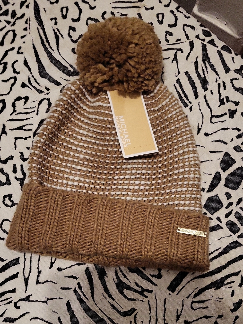 Michael Kors Tan and White Pom-Pom Knit Beanie